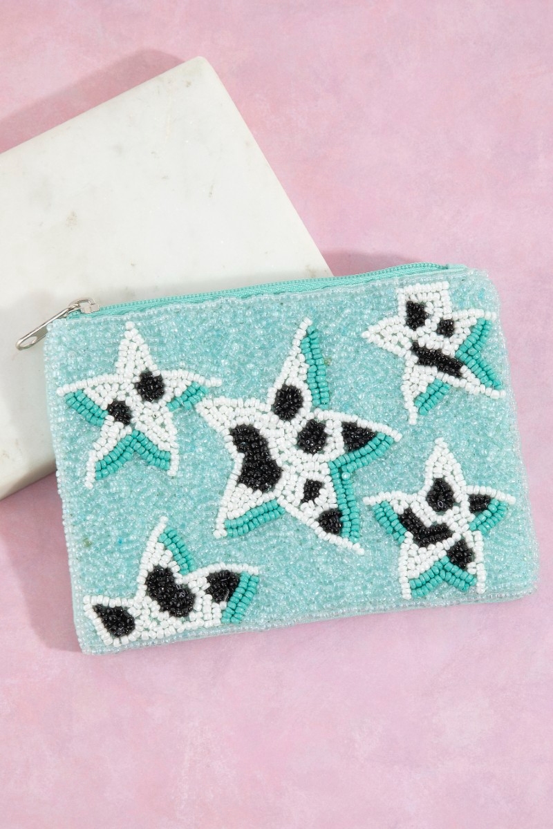 Cow Pattern Stars Teal Seed Beaded Coin Purse