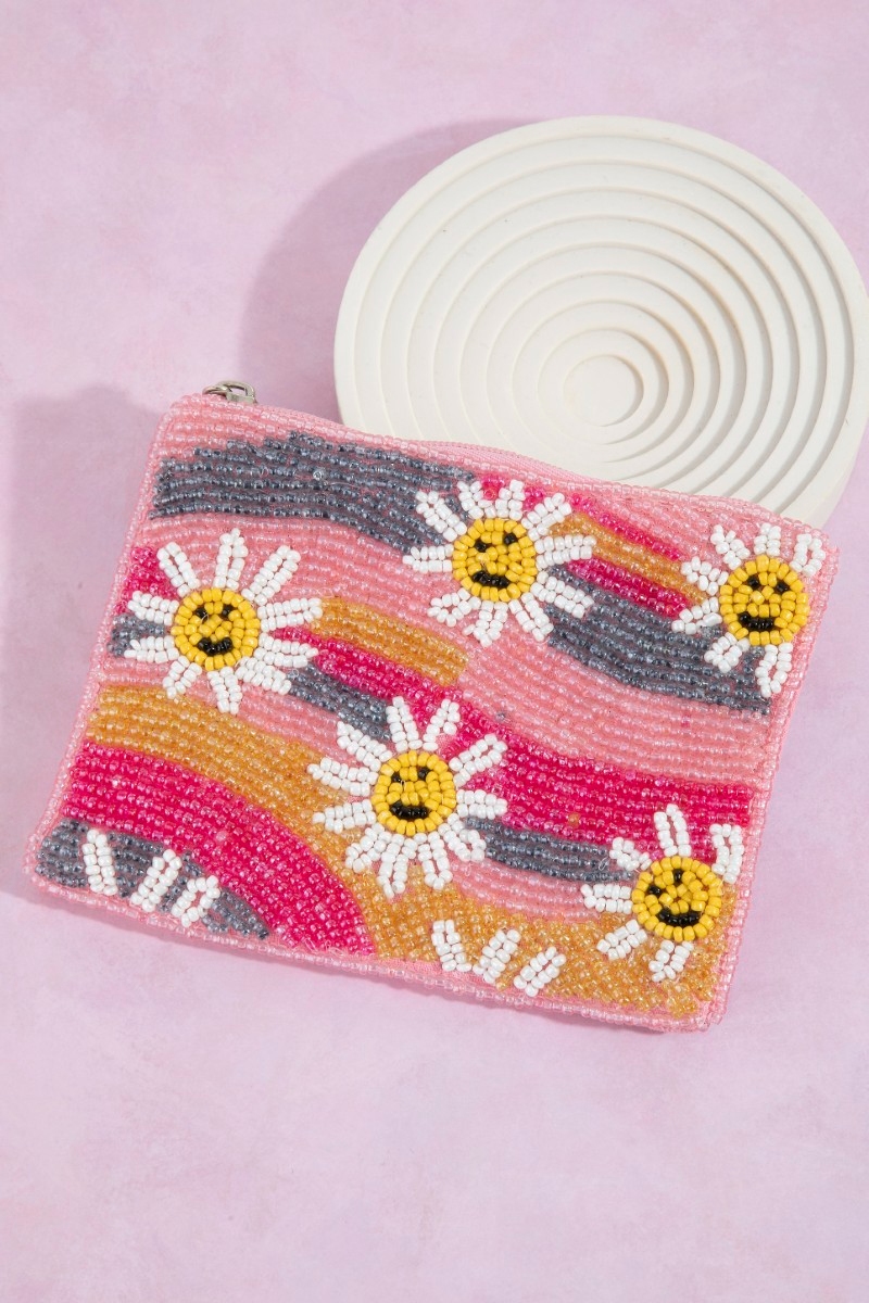 Smiley Flowers And Wavy Stripes Seed Beaded Coin Purse