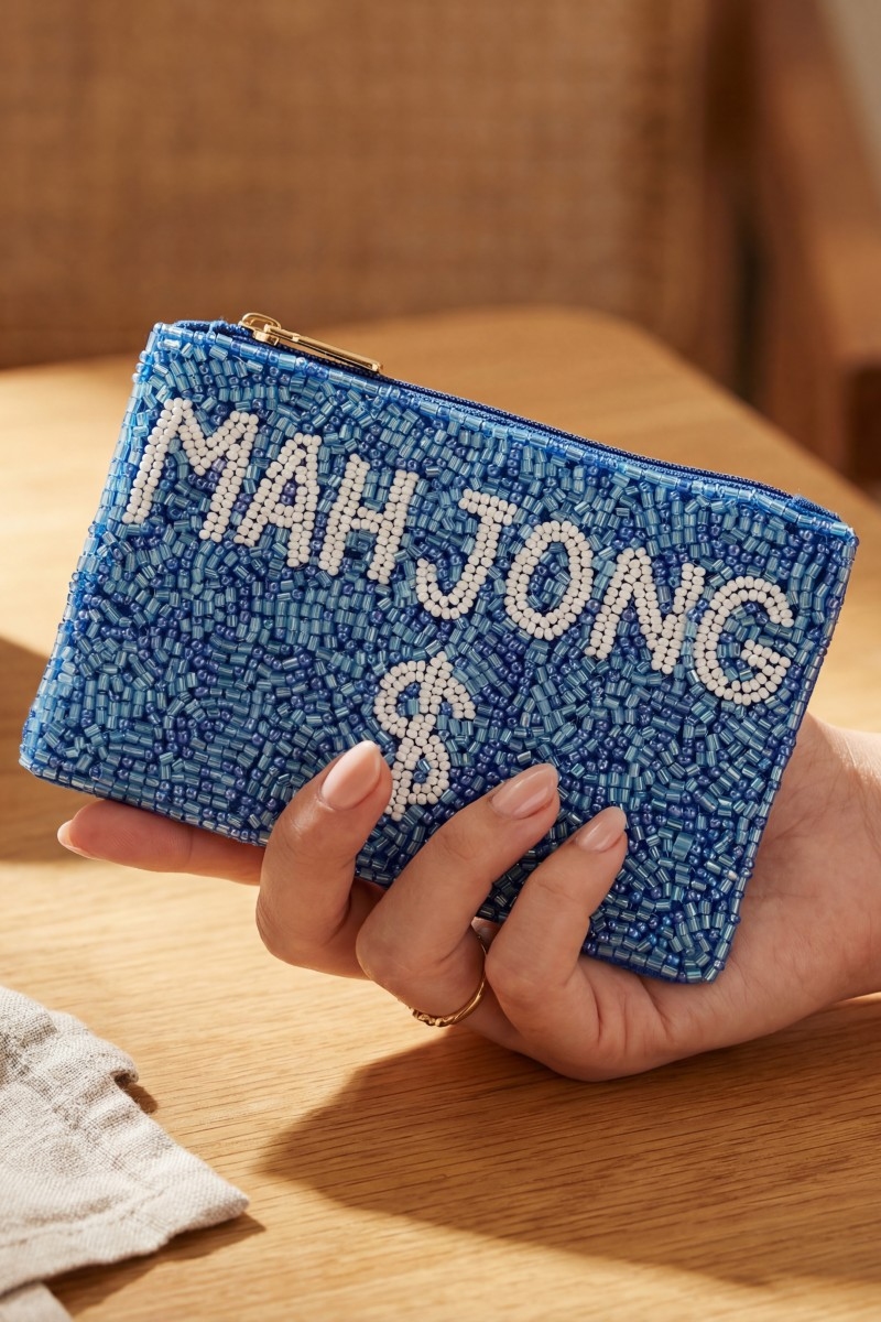 Blue Mahjong Money Seed Beaded Coin Purse