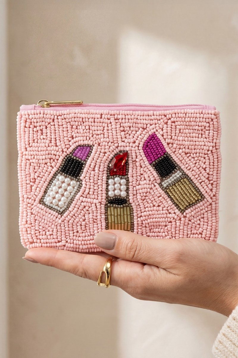 3 Lipsticks Seed Beaded Coin Purse