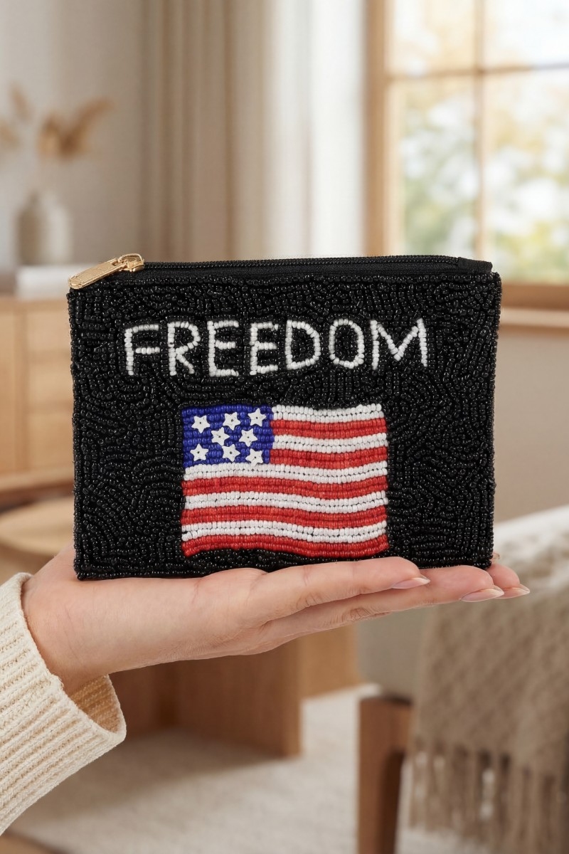 Freedom American Flag Seed Beaded Coin Purse
