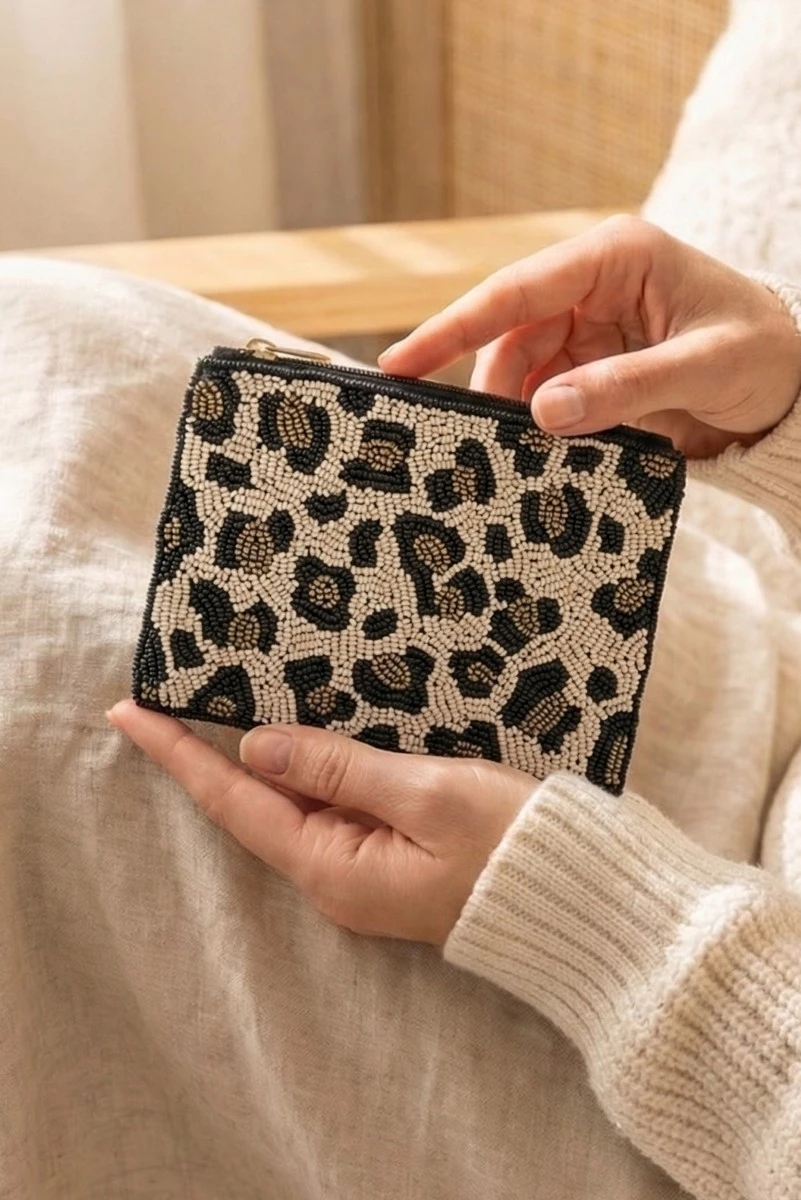 Beaded Leopard Print Coin Purse