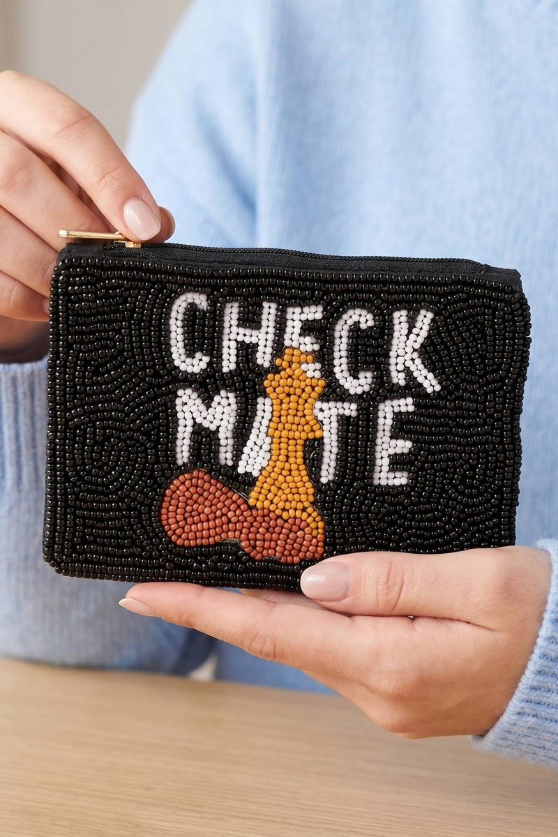 Checkmate Chess Beaded Zip Coin Pouch Bag