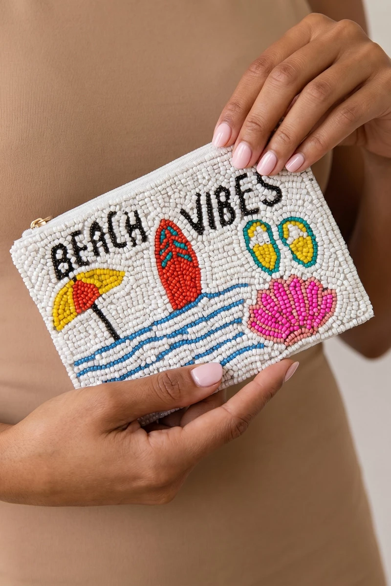 Beach Vibes Slogan Beaded Coin Pouch