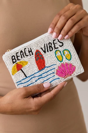 Beach Vibes Slogan Beaded Coin Pouch