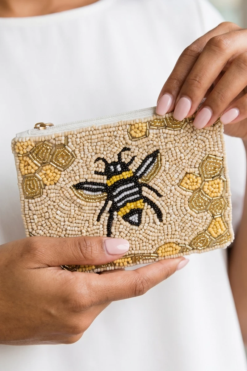 Honeycomb Bee Beaded Coin Pouch