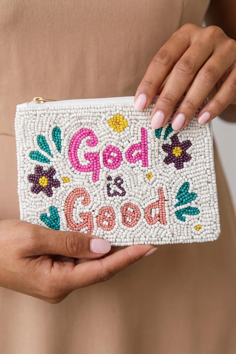 God Is Good Floral Beaded Coin Pouch