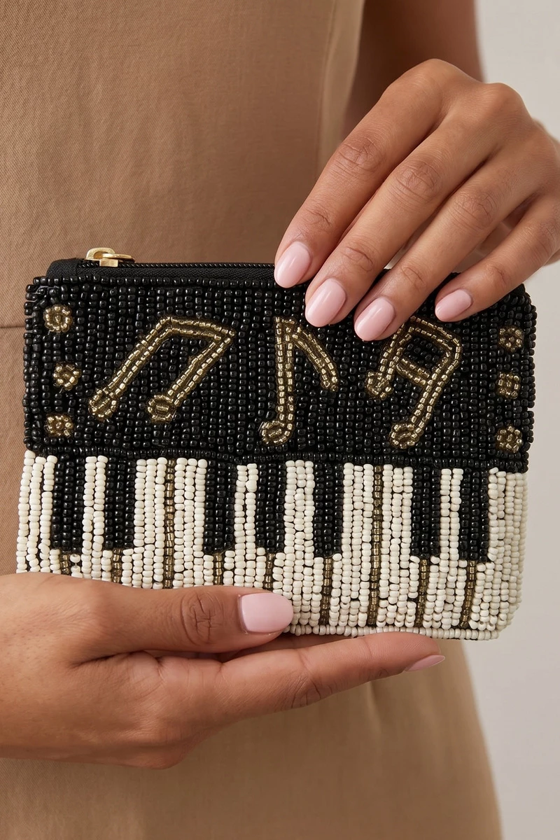 Music Notes Piano Keys Beaded Coin Pouch