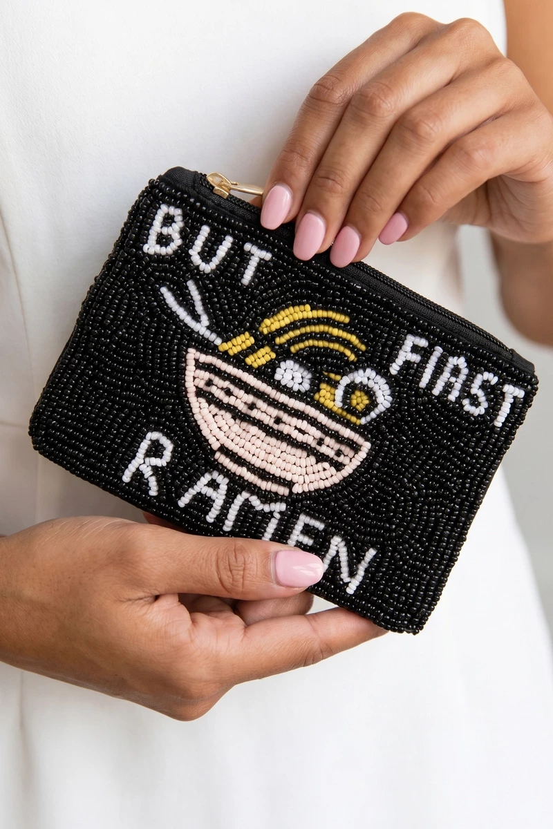But First Ramen Slogan Beaded Coin Pouch