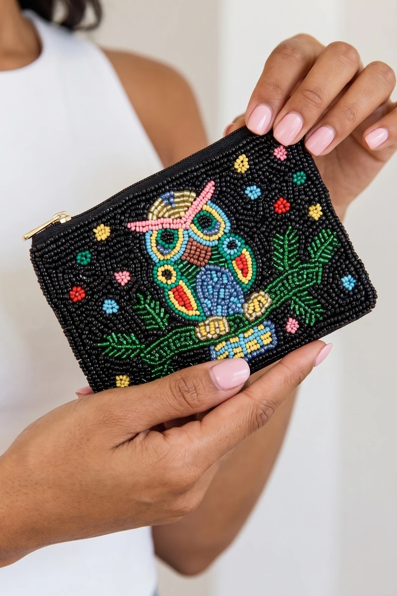 Seed Bead Owl Branch Coin Purse