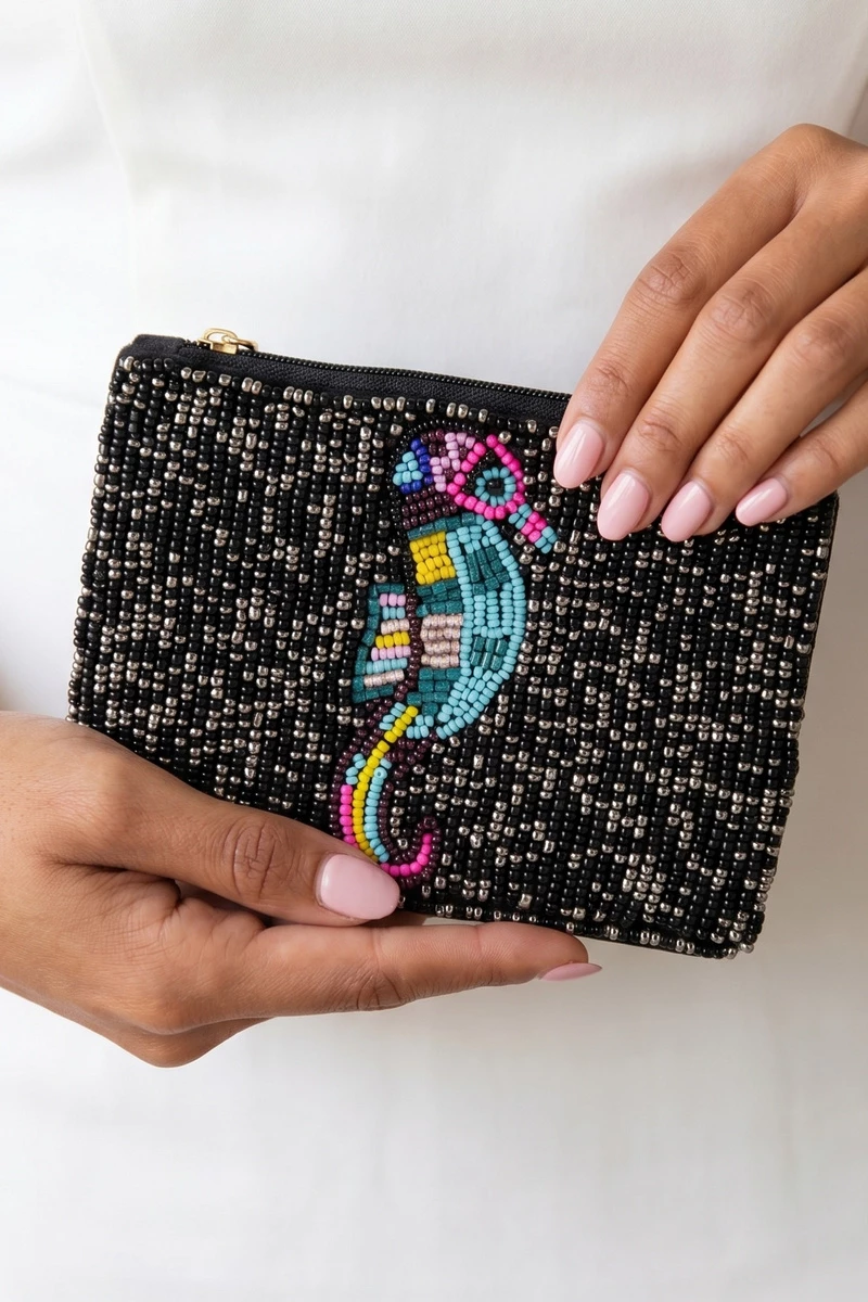 Tropical Seahorse Beaded Coin Pouch
