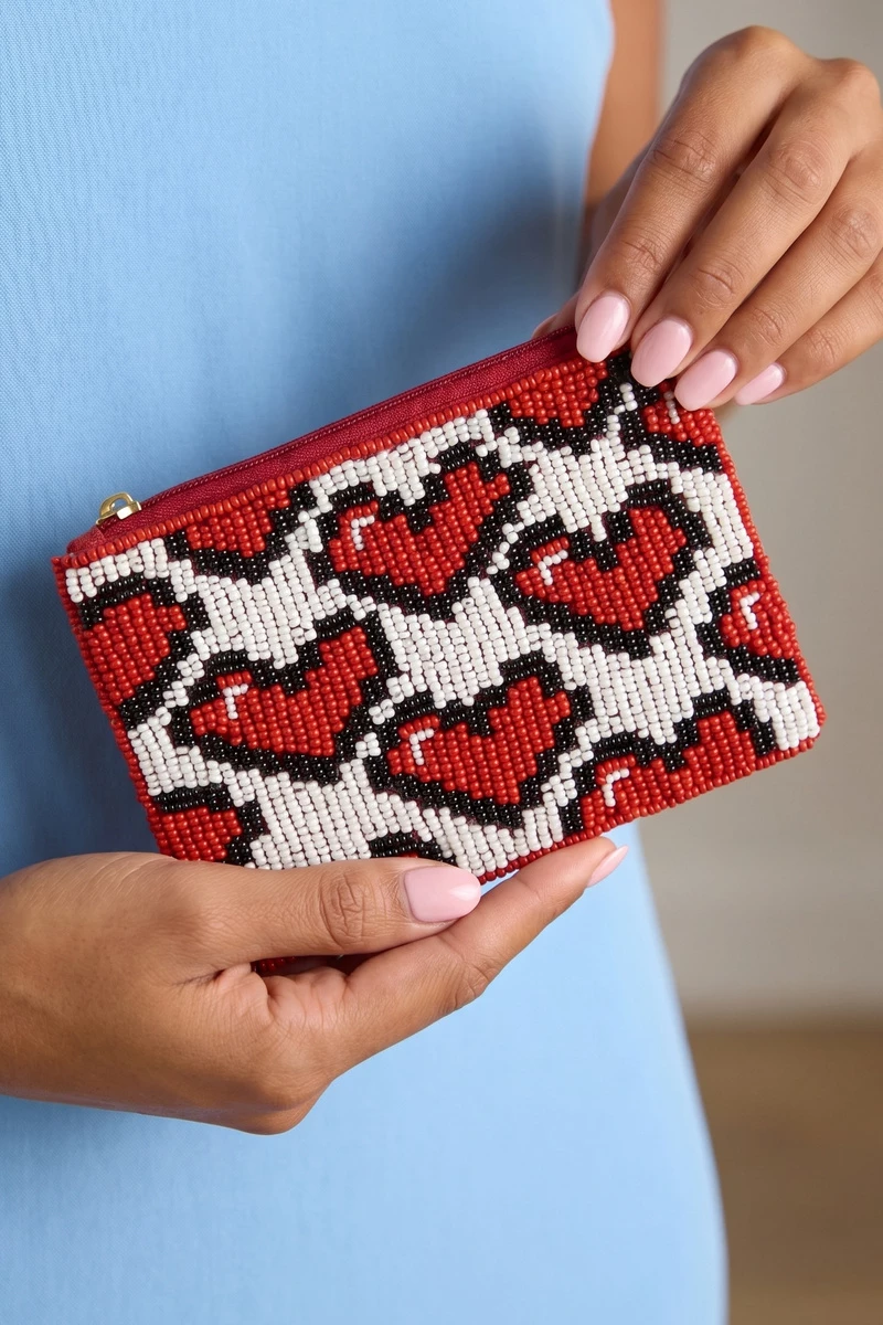 Geometric Heart Beaded Coin Pouch