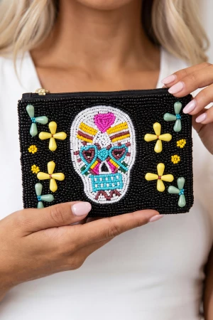 Seed Bead Sugar Skull Coin Purse