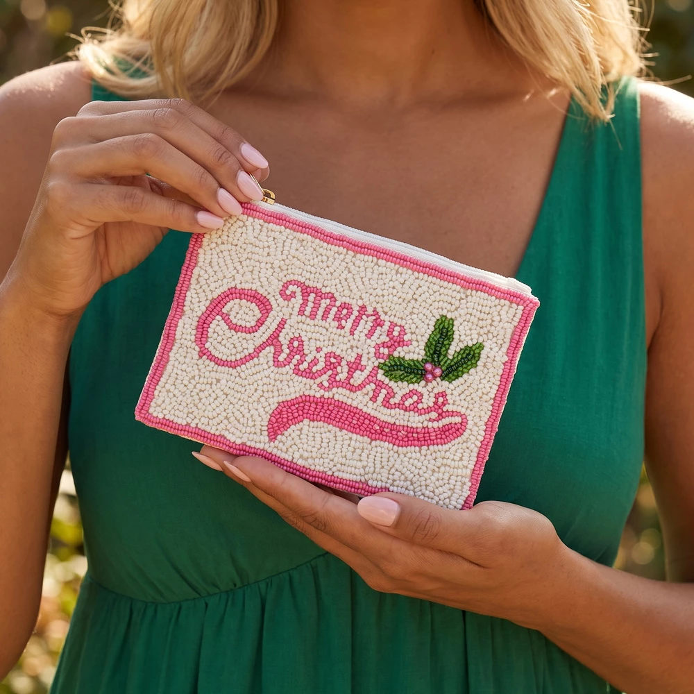 Merry Christmas Script Beaded Coin Pouch