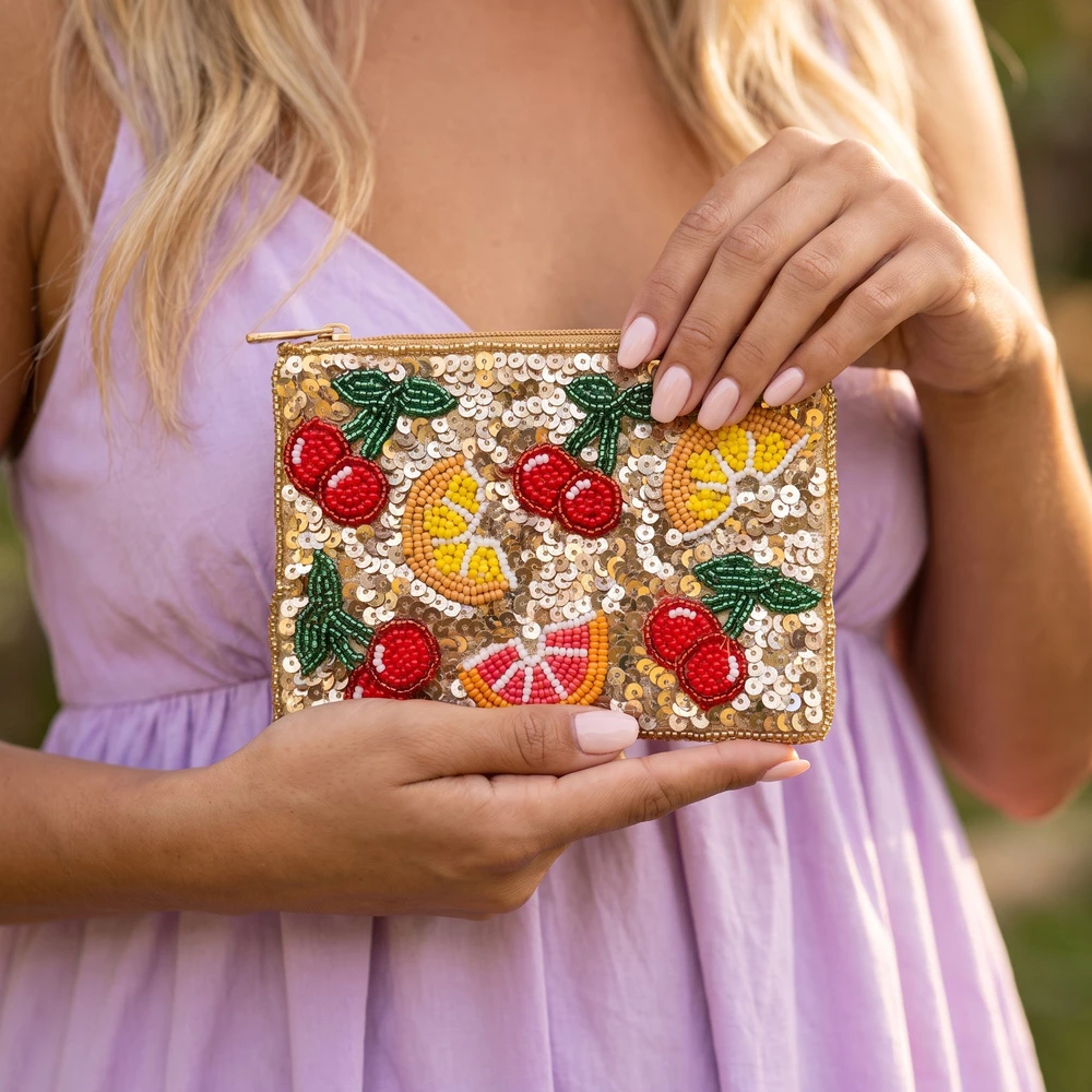 Sequin Fruit Beaded Coin Pouch