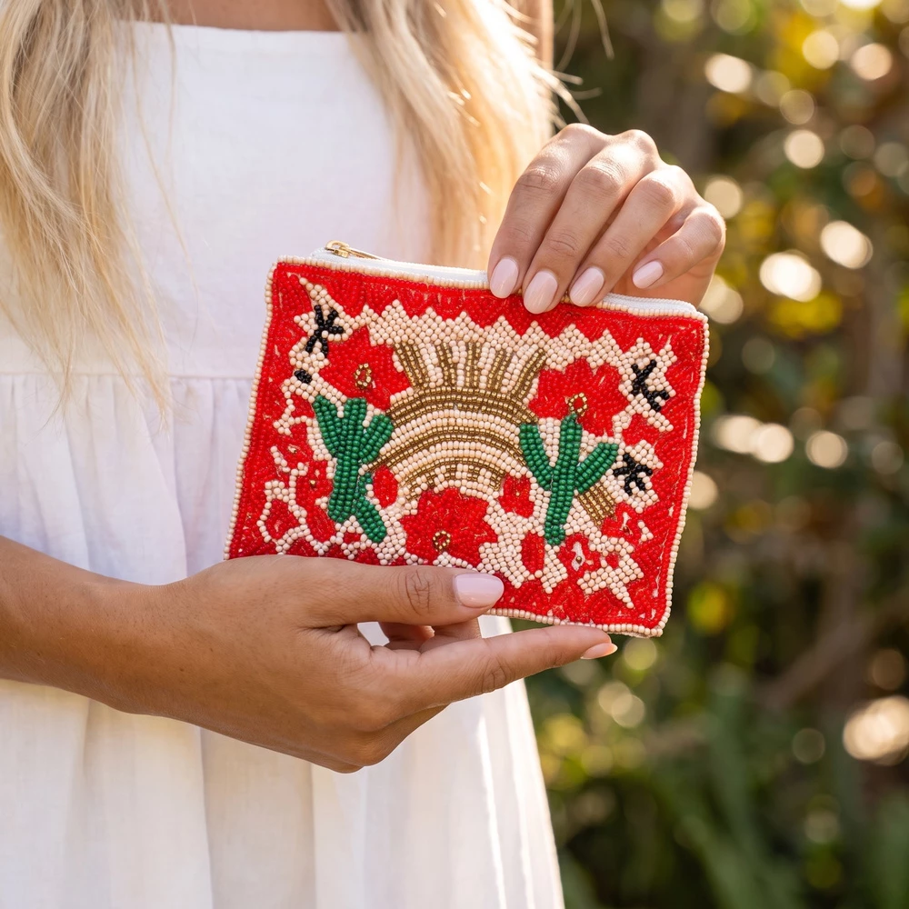Western Cactus Sunset Beaded Coin Pouch
