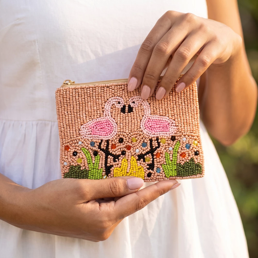 Flamingo Pair Beaded Coin Pouch