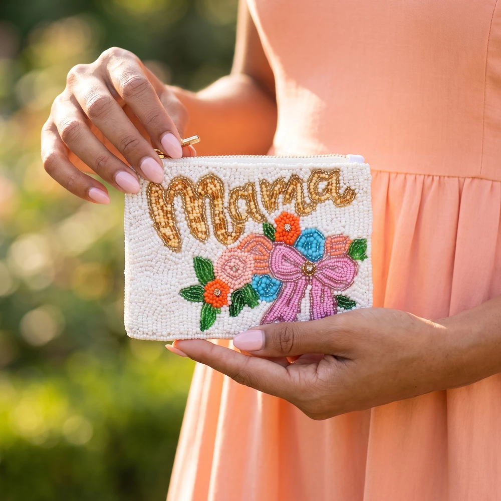 Mama Script Bouquet Beaded Coin Pouch