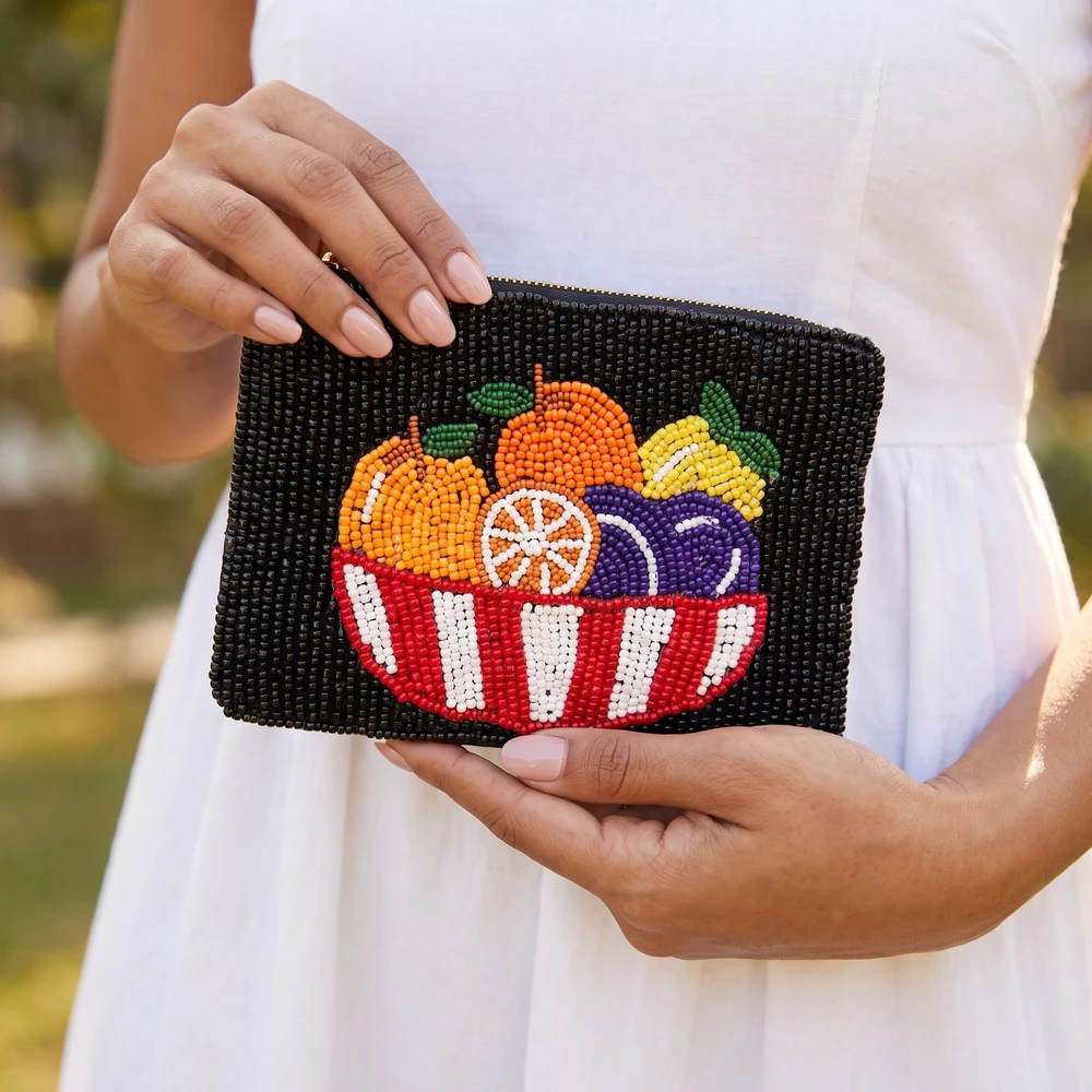 Fruit Bowl Citrus And Plums Beaded Coin Pouch
