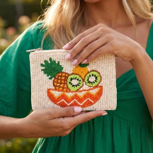 Tropical Fruit Bowl Kiwi Beaded Coin Pouch