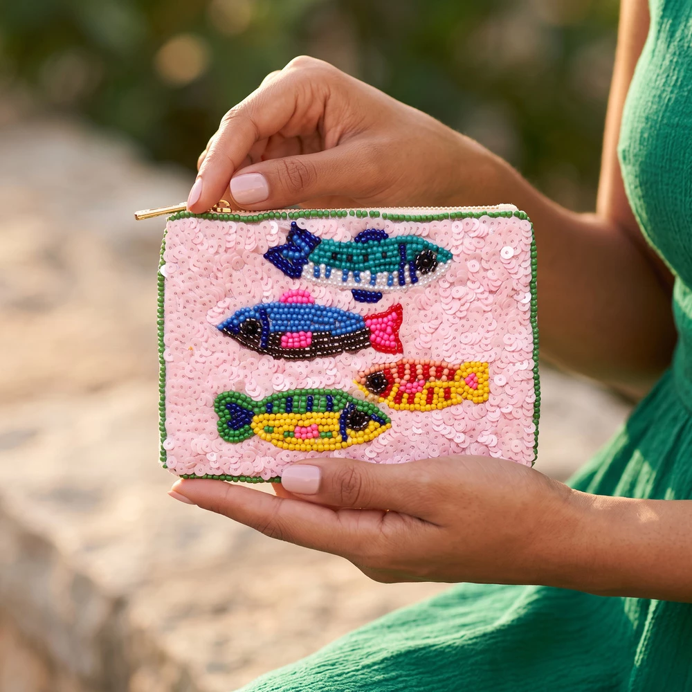 School Of Fish Sequin Beaded Coin Pouch