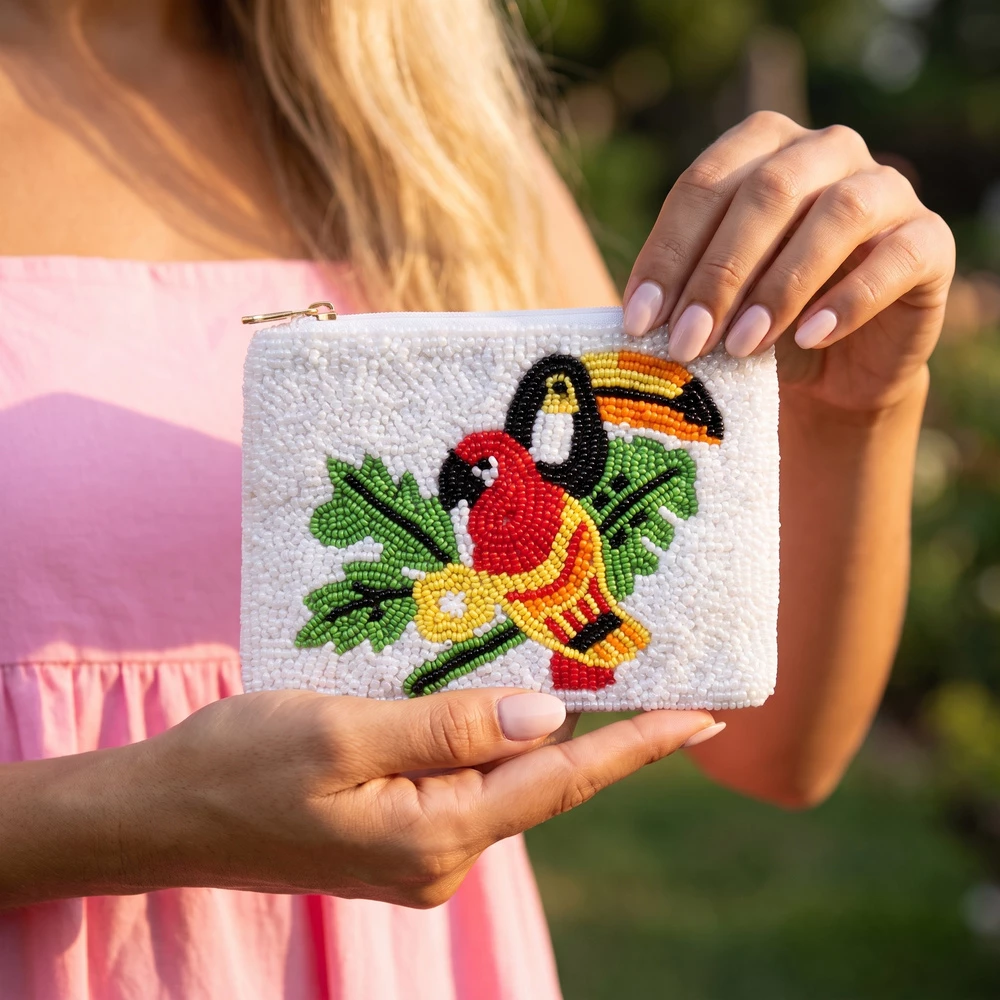 Toucan And Parrot Beaded Coin Pouch
