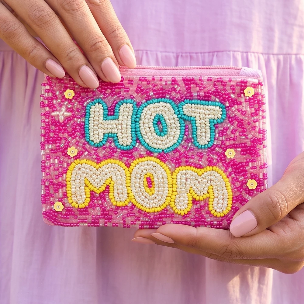 Hot Mom Bubble Letter Beaded Coin Pouch