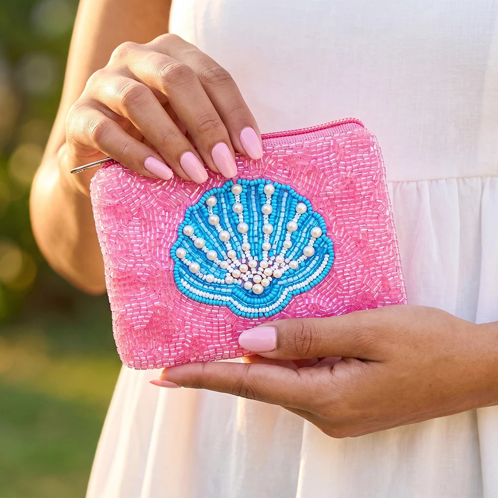 Beaded Seashell Coin Pouch With Pearl Accents