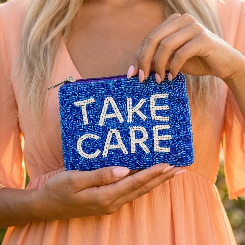 Beaded Take Care Slogan Coin Pouch