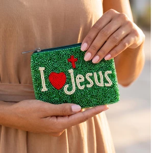 Beaded Heart Jesus Cross Slogan Coin Pouch