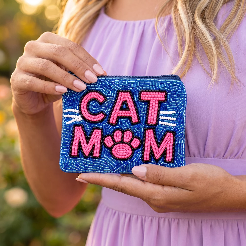 Beaded Cat Mom Paw And Whiskers Coin Pouch