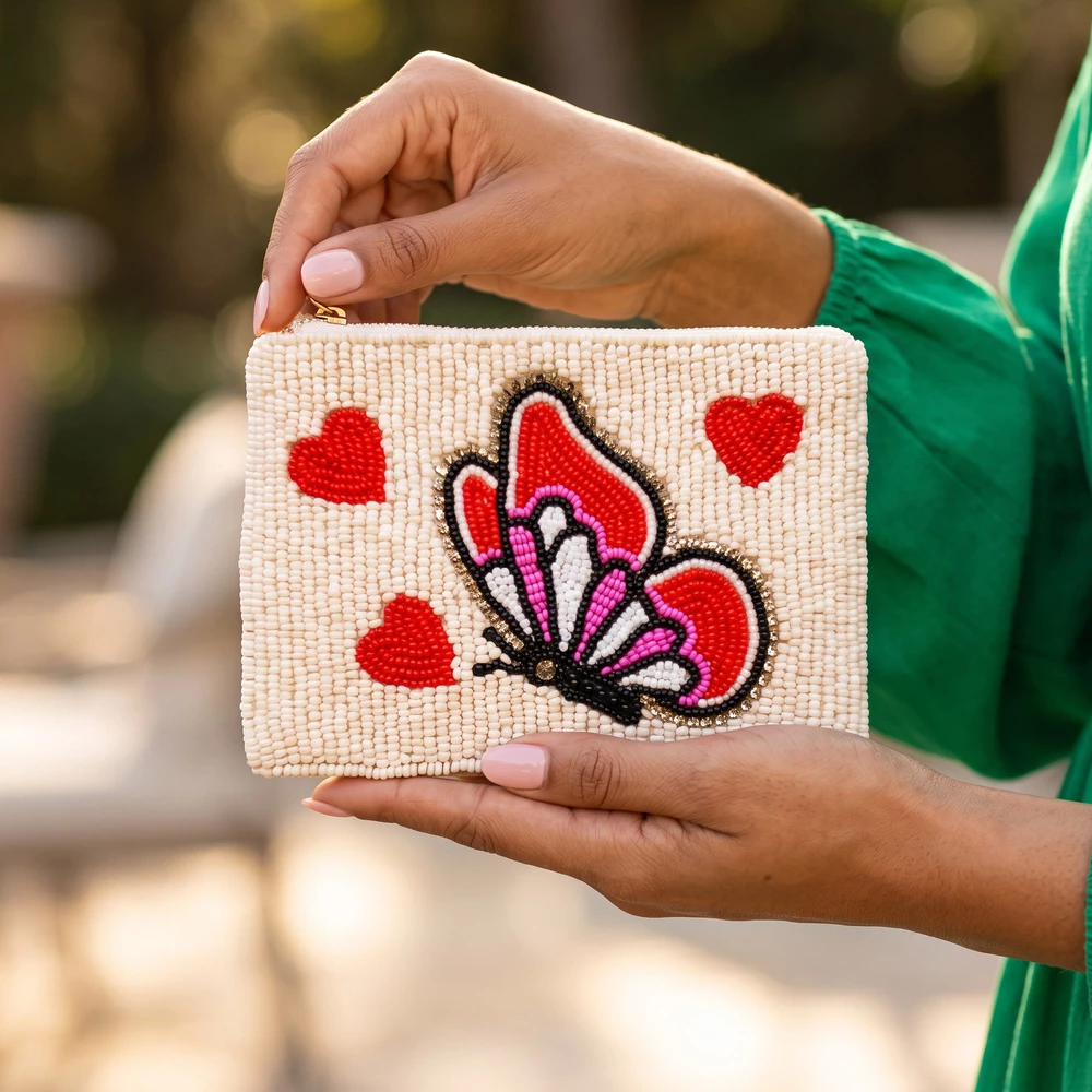 Butterfly And Hearts Beaded Coin Pouch