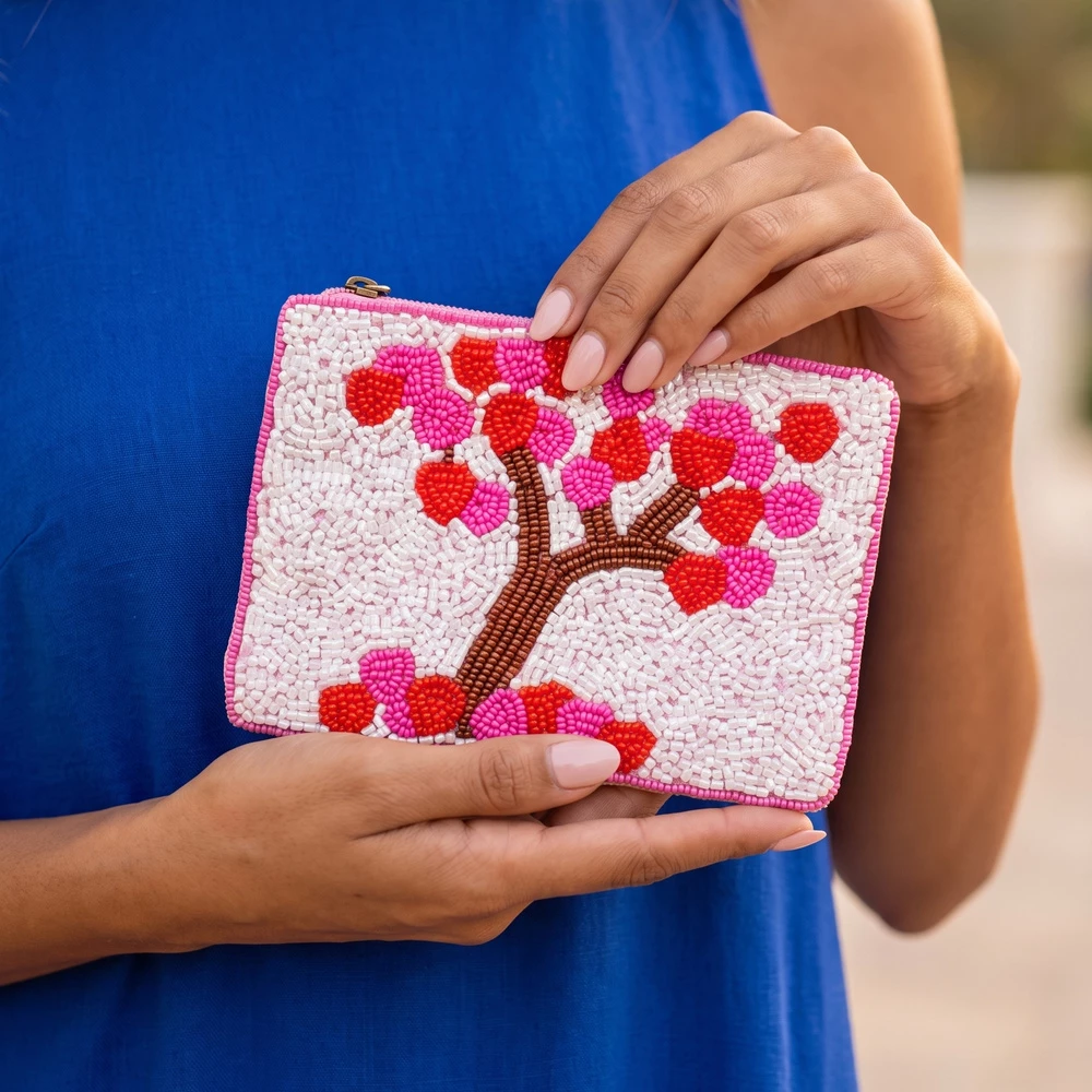 Heart Blossom Tree Beaded Coin Pouch