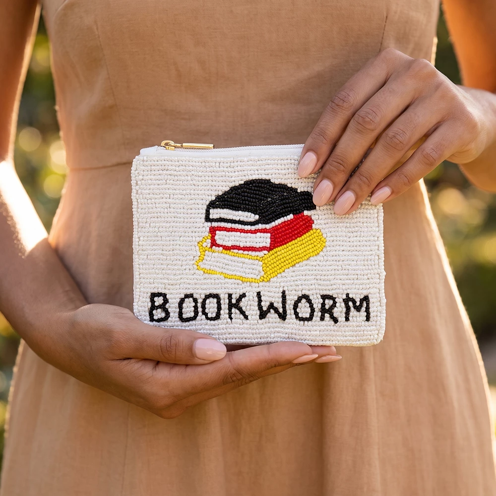 Bookworm Book Stack Beaded Coin Pouch