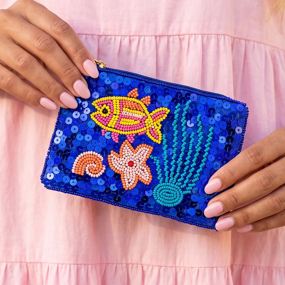 Fish And Starfish Sequin Beaded Coin Pouch