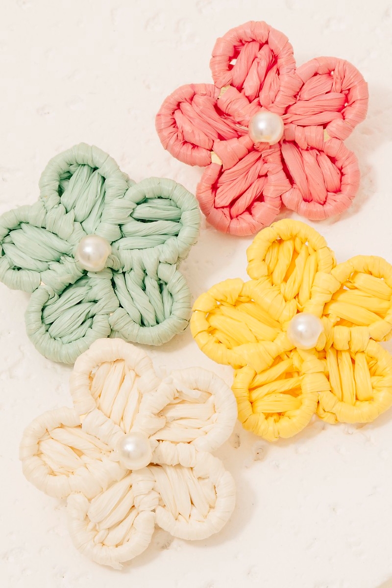 Pearl Stud Raffia Flower Stud Earrings