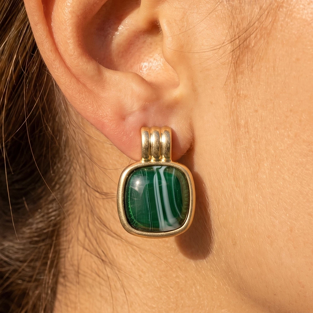 Ribbed Bail Marbled Square Cabochon Stud Earrings