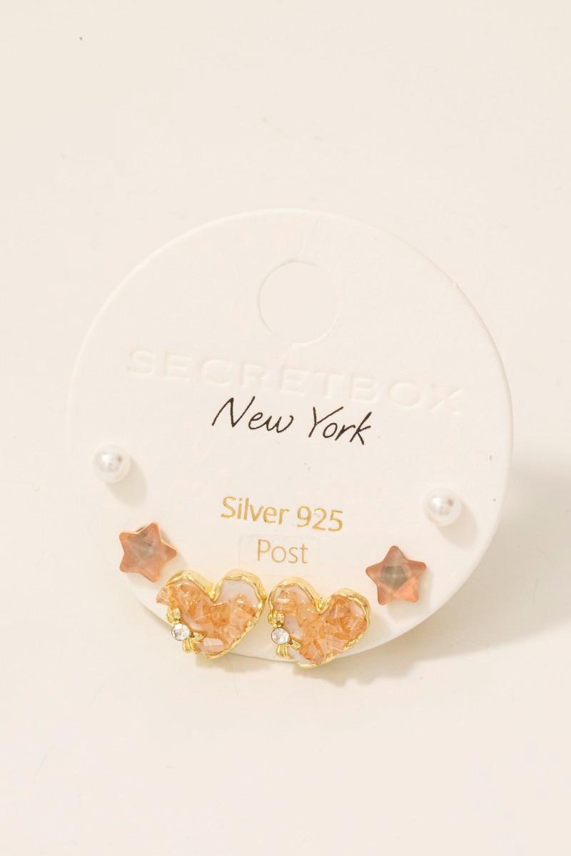 Gold Dipped Heart Star And Pearl Stud Earrings Set