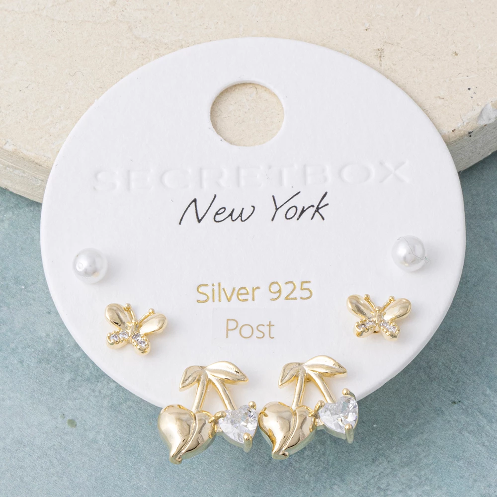 Three Pair Pearl Butterfly Cherry Stud Earring Set