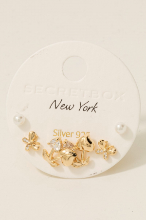 Gold Dipped Floral Pearl And Ribbon Bow Stud Earrings Set