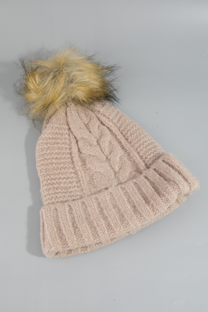 Pom Pom Cable Knit Beanie Hat