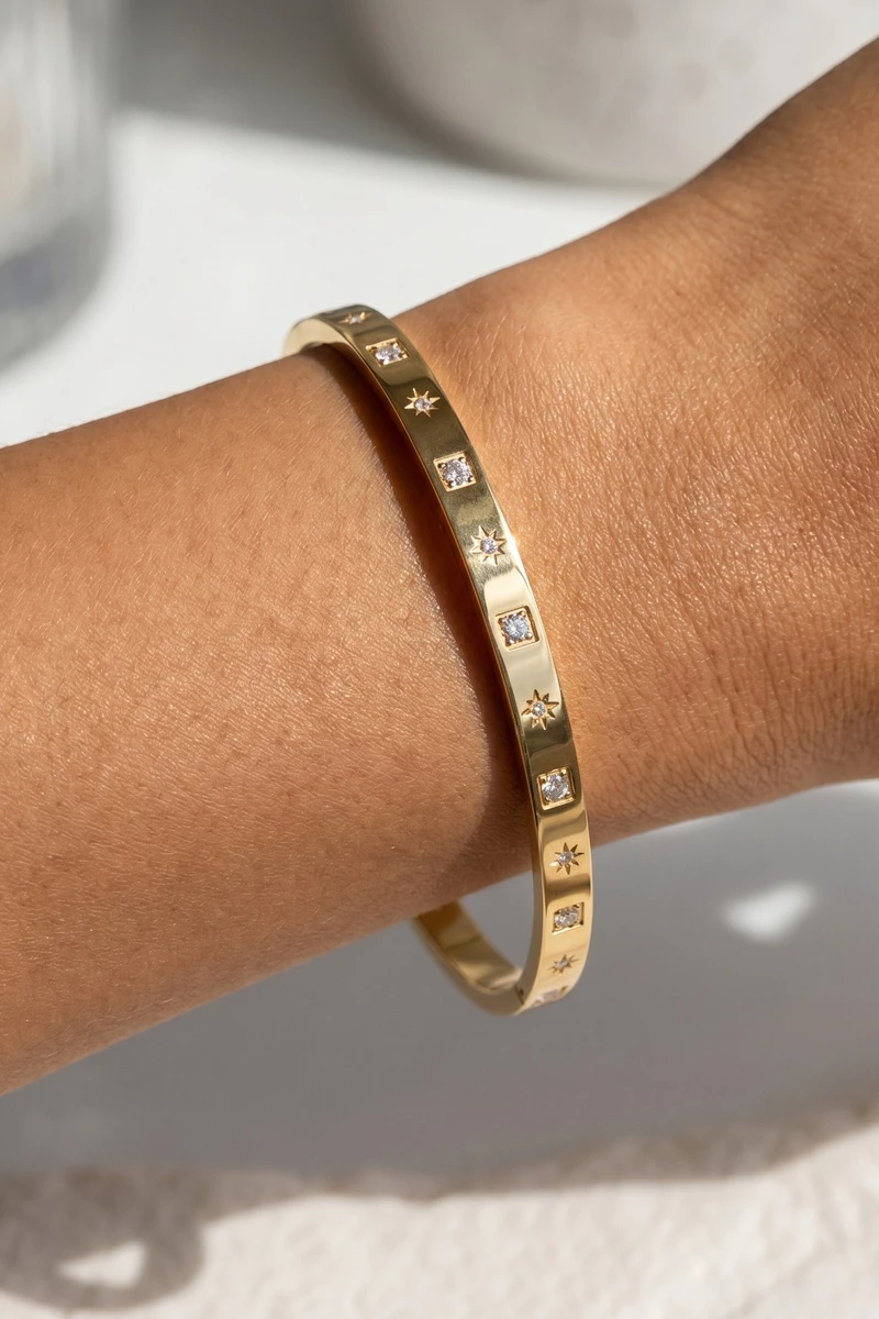 Stainless Steel Star Etched Cz Bangle Bracelet