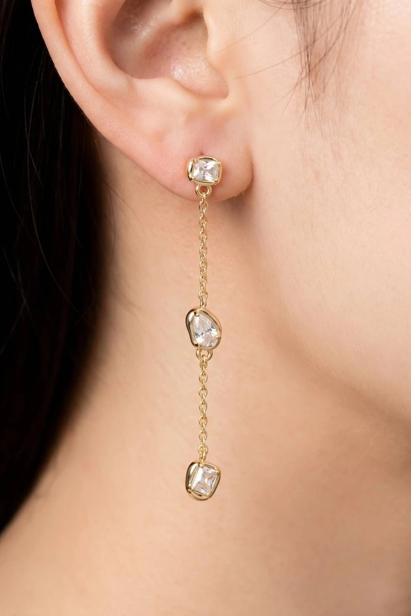 Cz Tear Drop Gems Chain Dangle Earrings