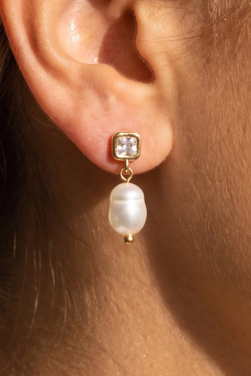 Bezel Cz And Freshwater Pearl Drop Earrings