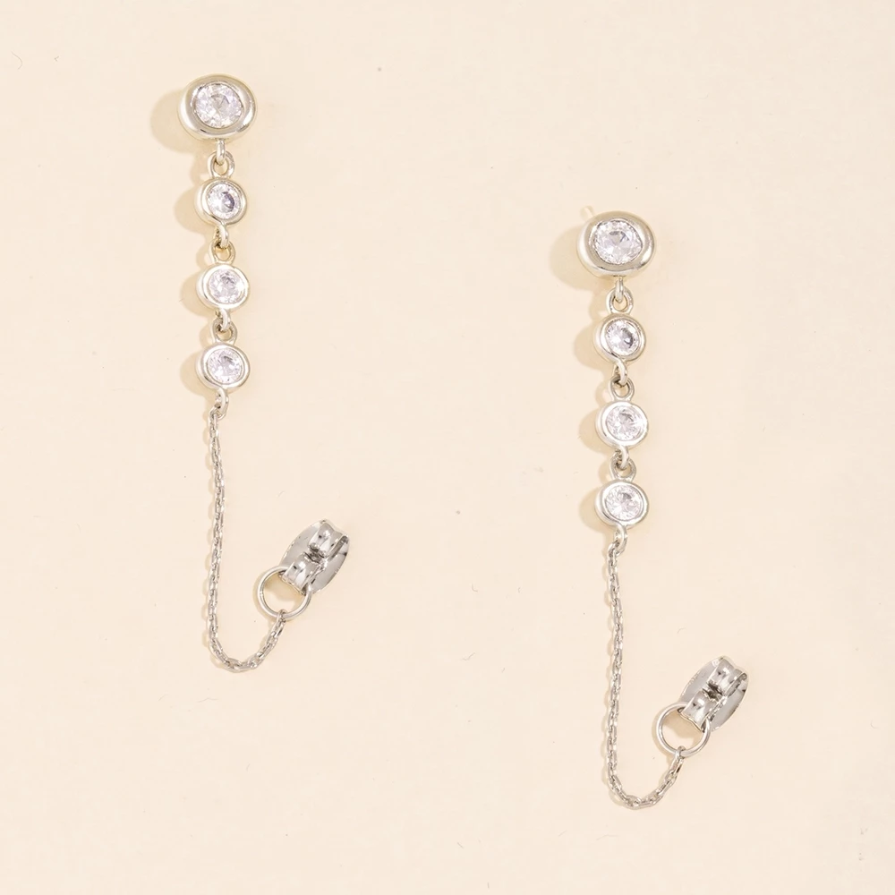 Double Sided Cz Bezel Front Back Chain Earrings