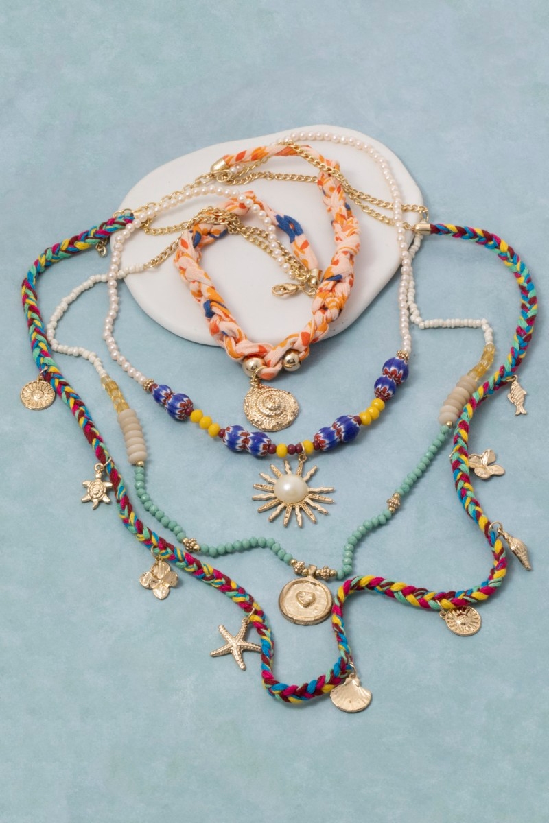 Layered Sealife Charms Fabric Chain Necklace