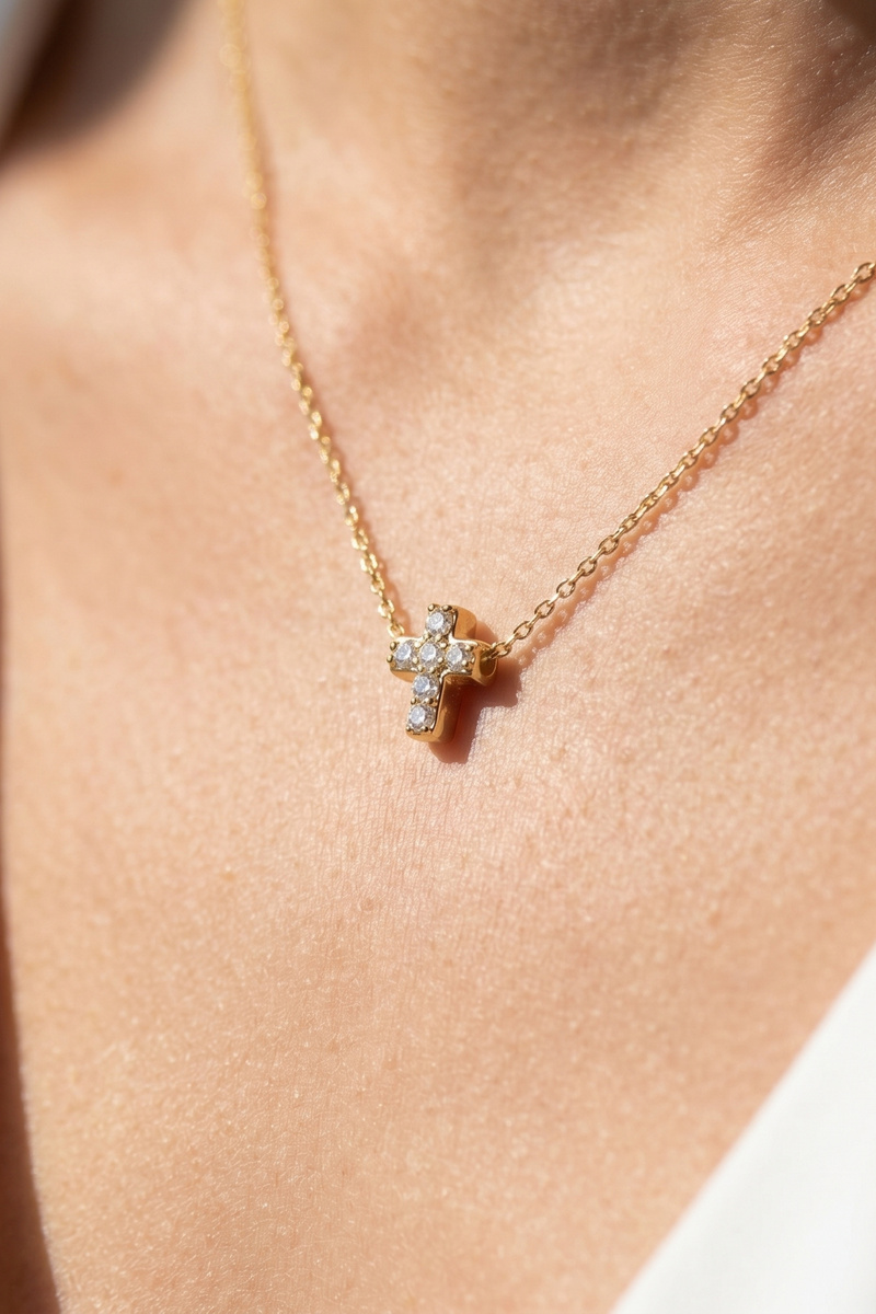 Cz Pave Cross Pendant Cable Chain Necklace