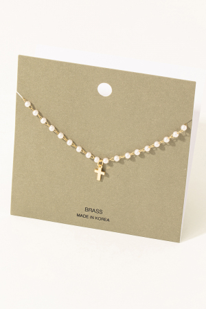 Cross Pendant Pearl Beaded Chain Necklace