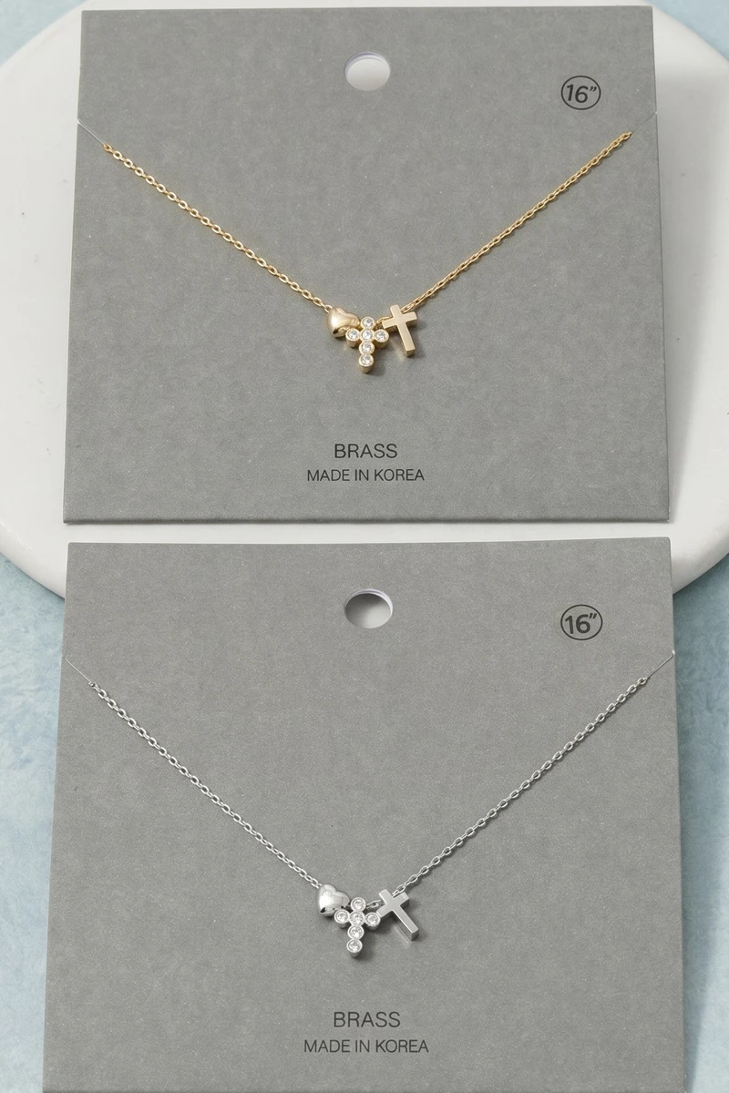 Bezel Cz Cross With Heart Charm Necklace