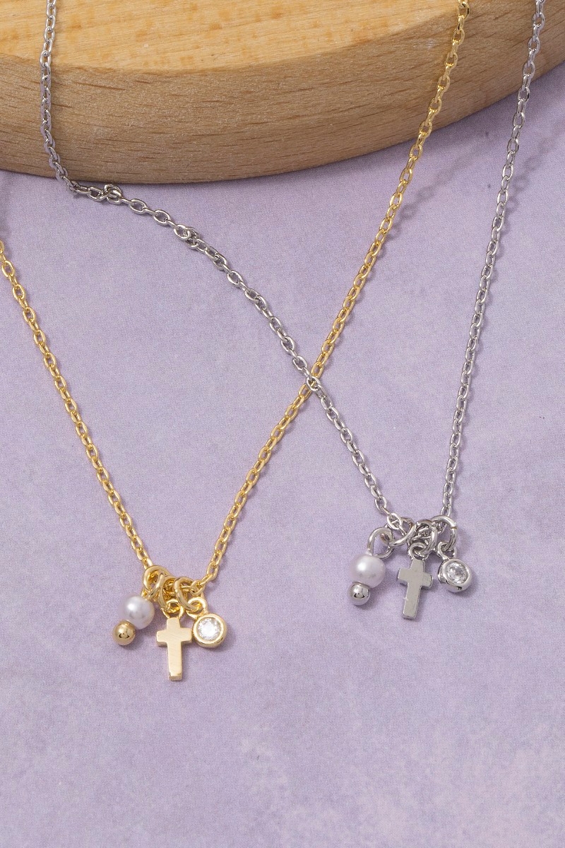 Dainty Cross, Pearl & Cz Charm Cluster Necklace